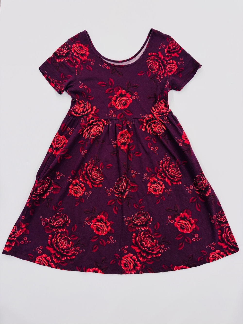 Old Navy Girls Fit-Flare Knee Length Dress Scoop Neck Floral Purple Red XL 14-16